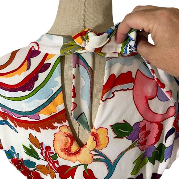 Hale Bob dress women's M white multicolor koi print cap sleeve keyhole open - Picture 6 of 7